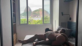 Passionate fuck in front of Pão de Açúcar with ebony babe in fishnets and lingerie