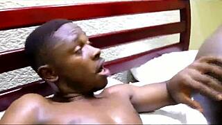 Stepsister catches me masturbating in her bed and joins for big black cock blowjob. We move to doggystyle assfucking with muscular ebony milf.