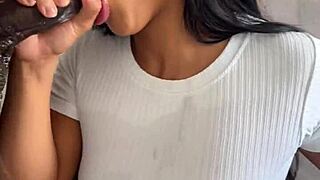 Amateur Couple Nysdel Devours Huge Meat Dildo with Deepthroat and Cum Swallow