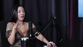 The group measured the hot brunette's ass size, revealing glamour in sheer red lingerie.