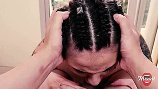 Brunette pawg with hairy pussy gives deepthroat blowjob in pov