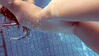 Sexy russian teen 18+ libuse shows petite 18+ small tits in underwater pool scene with blonde babe friend
