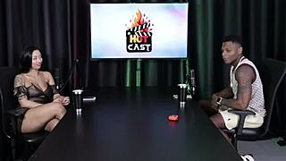 The group measured the hot brunette's ass size, revealing glamour in sheer red lingerie.