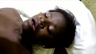 Stepsister catches me masturbating in her bed and joins for big black cock blowjob. We move to doggystyle assfucking with muscular ebony milf.