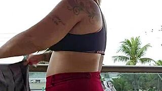 Hey, check out this fun moment showing off the skirt on the balcony in a casual exhibitionist way.