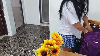 Hey a fake student in sexy short skirt masturbates at home with dildo while her natural tits look inflated in homemade flashing