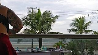 Hey, check out this fun moment showing off the skirt on the balcony in a casual exhibitionist way.