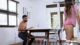 Brunette teen 18+ signs submissive contract with bondage, spanking, choking, hair pulling, riding, and gagging in kinky bdsm scene.