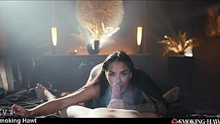 Slutty brunette latina says she smokes cigarette during cowgirl riding with handjob cumshot.