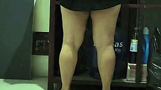 my stepmom steps into the shower, showing off her big natural tits and chubby ass in lingerie