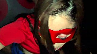 Blackmailed cute teen wife licks pussy at halloween gloryhole party. She takes creampie and swallows cum in swing house fantasy!