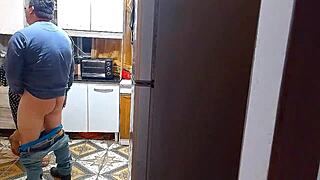 Amateur Asian BBW Housewife in Kitchen Fetish Roleplay with British Boss and Brazilian Lover. Cute Chubby Wife Moans in Rough Homemade Sex with Handcuffs and Natural Tits.