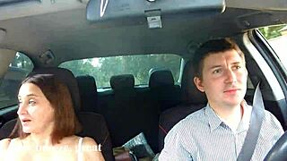 Russian milf Alina Tumanova gives deepthroat blowjob in taxi during public outdoor harassment