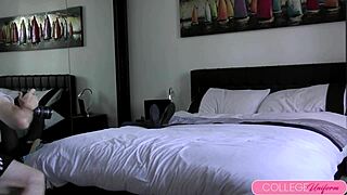 Blonde coed Alexia strips out of tight uniform lingerie to reveal nude body in dorm tease