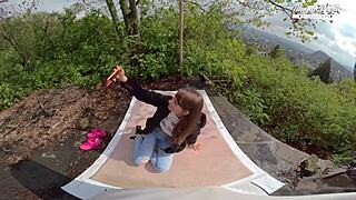 Come on, let's watch perfect teen 18+ Lili Charmelle give deepthroat blowjob and ride cowgirl outdoor in forest.