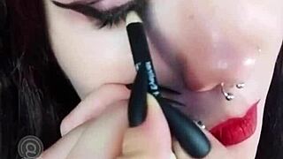 backstage reveals hot brunette with cute dirty european fetish lipstick long hair piercing tongue in homemade behind the scenes