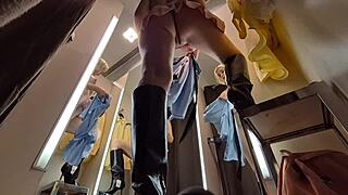 Blonde Feels So Horny Without Panties In See-Through Skirt On Hidden Cam In Dressing Room