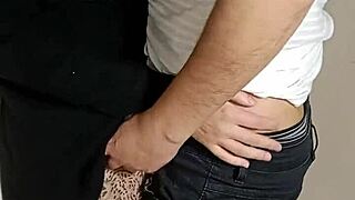 She worships asshole with blowjob then gets anal creampie doggystyle. Wife cheats on cuckold husband hidden in restaurant pantry.