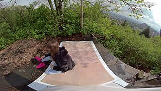 Come on, let's watch perfect teen 18+ Lili Charmelle give deepthroat blowjob and ride cowgirl outdoor in forest.