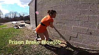 Prison break starts with anal plugged escapee in miniskirt cosplay flashing asshole for public rough deepthroat humiliation outdoors.