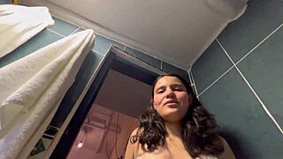 My stepmother says no but her vagina says yes as we kiss and finger in bathroom mirror with wet pussy sex.