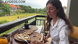 Skinny Brunette Eats Pizza With Cum On Face In Public Cafe