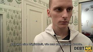 In this narrative, a Russian shopaholic gets fucked by a debt collector in her husband's presence to settle debts.