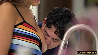 Naughty Boyfriend Sucks Girlfriend's Big Tits While Washing Dishes Until Stepmom Joins for Threesome Sex