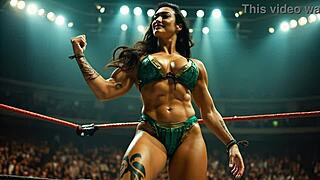 Amazon wrestler flexing huge muscles in bikini. Athletic tall bodybuilder shows domination posing and fitness model strength.