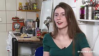 Leidenschaftliche deutsche brunette masturbates shaved pussy solo with natural tits