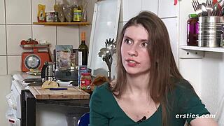 Leidenschaftliche deutsche brunette masturbates shaved pussy solo with natural tits