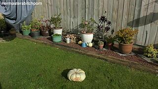 kiwi trashy milf sits on massive pumpkin as toilet seat in back yard