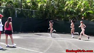 Hazing babes eating pussy on a tennis court