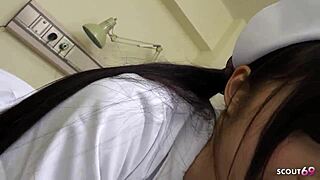 Skinny Japanese nurse with small tits and tight hairy pussy gets bent over for quickie cowgirl riding. Patient delivers creampie in hospital roleplay sex.