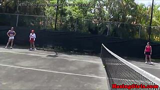 Hazing babes eating pussy on a tennis court