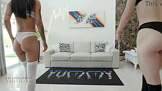 Cute Latina teens Bruna Santos and Breiny Zoe take on five big cocks in hardcore orgy with double anal, footjob, and creampie swallow.