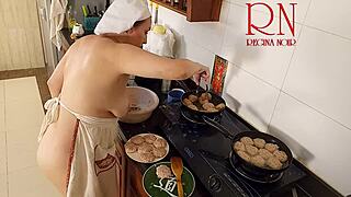 nudist housewife regina noir is cooking naked in the kitchen as a maid