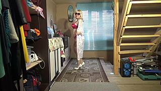 Juicy milf strips naked in beautiful lingerie and stockings showing big natural tits