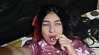 Skinny latina wife in bunny uniform masturbates solo with dildo. She spreads big ass legs for homemade orgasm in bedroom.