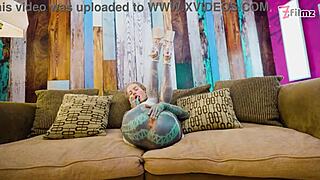 Skinny tall girl with tattoos does anal solo using xl dildo in fishnets highheels stockings