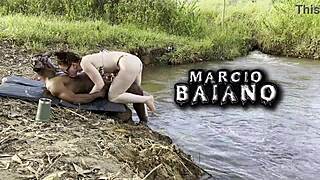 Exotic Eliane Furacao and Lorrany Exotica in outdoor gangbang by the river