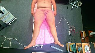 he fell off massage bed then she tricks chubby neighbor into femdom happy ending with toys and anal fingering