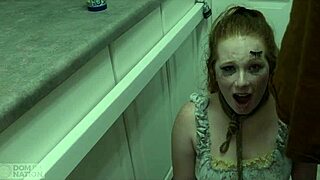 Enthusiastic redhead degradation slut submits to domination by licking messy cum from boot