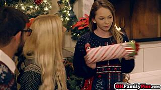 Kenzie Reeves rides dildo then fucks Angel's small tits in christmas threesome!