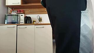 Risky hookup with hubby's friend while he showered, nearly busted.