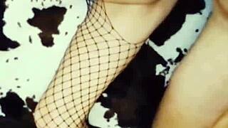 a stunning milf strips teasingly masturbates then rides huge cock in tight holes