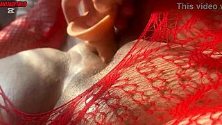 curvy latina in red shoves dildo deep moaning orgasm closeup