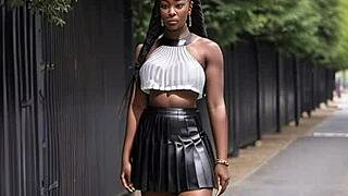 Big tits ebony teen flashes boobs in leather skirt outdoors!