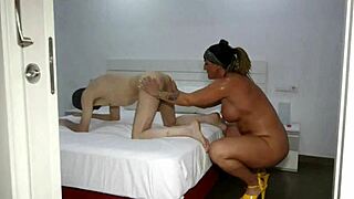 Muscular milf bodybuilder squirts under old man's deepthroat domination