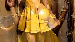 Ebony babe strokes huge tits in sauna leather tease